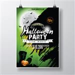 وکتور طرح بروشور جشن هالووین با عناصر تایپوگرافی و کدو تنبل در پس زمینه سبز قبرها خفاش ها و ماه