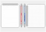 دفترچه یادداشت مارپیچی مربع و خط‌دار واقع‌گرایانه خالی با خودکار قرمز و آبی جدا شده روی وکتور سفید ماکت نمایش برای هویت سازمانی و اشیاء تبلیغاتی