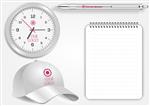 ساعت واقعی خالی کلاه بیسبال دفترچه یادداشت مارپیچی و خودکار سفید جدا شده بر روی وکتور سفید ماکت نمایش برای هویت سازمانی و اشیاء تبلیغاتی