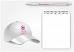 کلاه بیسبال خالی واقع گرایانه دفترچه یادداشت مارپیچی و خودکار سفید جدا شده روی وکتور سفید ماکت نمایش برای هویت سازمانی و اشیاء تبلیغاتی