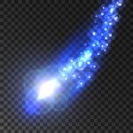 ستاره تیرانداز یا دنباله دار با دنباله درخشان آبی از نورهای درخشان جرقه ها و شراره ها جلوه های نور در پس زمینه شفاف برای طراحی هنری