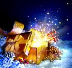 جعبه هدیه کریسمس با معجزه ستاره های جادویی و نور پس زمینه هنری تعطیلات زمستانی با برف و هدایا جعبه حاضر جعبه هدیه باز سال نو و آتش بازی نور جادویی