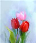 نقاشی رنگ روغن گل لاله طبیعت بی جان گل لاله صورتی و قرمز با برگ سبز پس زمینه طبیعت فصل بهار