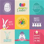 مجموعه ای از طراحی برچسب های رنگارنگ تخت برای عید پاک با گل تخم مرغ و عناصر خرگوش ایده آل برای کارت تبریک پوستر و قالب وب فایل وکتور
