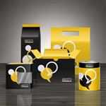 طراحی بسته تبلیغاتی سیاه و زرد برای هویت سازمانی با ابرهای گفتگو مجموعه لوازم التحریر