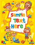 جلد کتاب کودکان قالب بروشور تبلیغاتی آماده برای پیام شما کودکان با علاقه به بالا نگاه می کنند بچه ای که به یک الگوی خالی اشاره می کند شخصیت کارتونی خنده دار وکتور