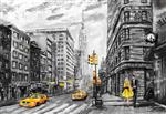 نقاشی رنگ روغن روی بوم نمای خیابان نیویورک زن و مرد تاکسی زرد آثار هنری مدرن نیویورک در رنگ های خاکستری و زرد شهر آمریکا تصویر نیویورک