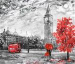 نقاشی رنگ روغن روی بوم نمای خیابان لندن اثر هنری بیگ بن زن و مرد زیر یک چتر قرمز اتوبوس و جاده درخت انگلستان