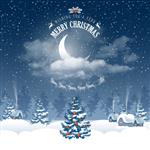 شب کریسمس مبارک جادویی برای کارت تبریک نیمه ماه در ابرها ستاره ها و بارش برف پرواز بابا نوئل با شبح گوزن شمالی در پس زمینه ماه بر فراز منظره زمستانی وکتور