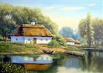 منظره نقاشی رنگ روغن روی بوم - خانه اوکراین در جنگل قایق و رودخانه