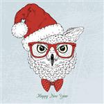 پرتره جغد در کلاه بابا نوئل گرافیک دستی طراحی کریسمس مبارک و سال نو مبارک