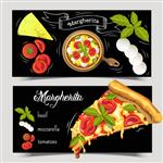 مجموعه دو کتابچه پیتزا مارگریتا مواد لازم برای پیتزا روی زمینه مشکی می توان از آن برای تبلیغات وب یا نسخه استفاده کرد گرافیک برداری