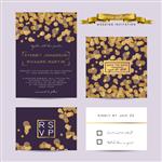 ست عروسی شیک با کارت های rsvp و ذخیره تاریخ تزئین شده با زرق و برق طلایی