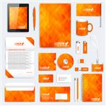 مجموعه نارنجی وکتور الگوی هویت شرکتی ماکت لوازم التحریر مدرن پس زمینه با مثلث های نارنجی و زرد طراحی کسب و کار علم پزشکی و فناوری طراحی برند
