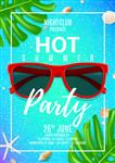 پوستر جشن تابستانی نمای بالای عینک آفتابی صدف‌های دریایی و برگ‌های گرمسیری وکتور دعوت به کلوپ شبانه