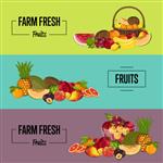وکتور پوستر محصولات کشاورزی ارگانیک میوه های آبدار طبیعی تبلیغات فروشگاه تغذیه گیاهی غذای سالم ارگانیک گلابی آهک خربزه آووکادو موز هلو نارگیل سیب پرتقال