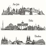مجموعه ای از شهرها نیویورک برلین بارسلونا وکتور حکاکی شده طراحی شده با دست