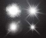 مجموعه ای از جلوه های نور درخشان با شفافیت جدا شده در پس زمینه وکتور چهارخانه جرقه های لنز پرتوها ستاره ها و درخشش ها با مجموعه بوکه