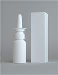 اسپری بطری های پلاستیکی بینی و جعبه کاغذ سفید بلند برای بسته بندی های پزشکی پس زمینه خاکستری تصویر 3D