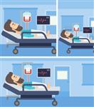 مرد جوان در رختخواب در بیمارستان بستری است بیمار با مانیتور ضربان قلب و تجهیزات انتقال خون در اتاق پزشکی تصویر برداری طراحی یکپارچهسازی با سیستمعامل مربع افقی طرح بندی عمودی