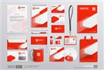 مجموعه ای از هویت سازمانی برند سازمانی قالب املاک لوازم التحریر گرافیک هندسی انتزاعی قرمز و سفید در جلد گزارش سالانه بروشور گلدان قرمز شرکت پرچم سربرگ