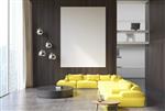 داخلی اتاق چوبی با کف بتونی پنجره های پانوراما مبل های زرد در نزدیکی یک میز قهوه و پوستر عمودی رندر 3d فتوشاپ