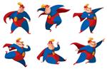 مجموعه ای از تصاویر کارتونی از ابرقهرمانان چربی خنده دار در لباس های قرمز آبی کلاه و ماسک های قرمز با اقدامات و احساسات مختلف در یک زمینه سفید Superhero ناجی کمیک قهرمان