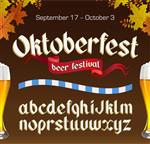 فونت Oktoberfest پرنعمت و پاییز برگ در پس زمینه تاریک الفبای Octoberfest سبک گوتیک