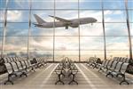 سالن ترمینال فرودگاه خالی با هواپیما در پسزمینه تصویر 3D