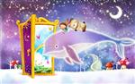 پوستر دیواری سه بعدی نهنگ بنفش به همراه کودکان و آسمان پر ستاره