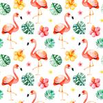 الگوی بدون درز آبرنگ با طرح های تزئینی با گل های چند رنگ برگ های گرمسیری پرنده فلامینگو در زمینه سفیدپروش پس زمینهروش کامل برای پروژه شما عروسی بسته بندی کاغذ دیواری طرح جلد