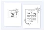 طراحی قالب کارت دعوت عروسی مینیمالیستی نقاشی جوهر هنر خط شاخ و برگ با قاب مربع روی رنگ سفید