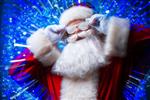 دی جی بابا نوئل در عینک های برفی و هدفون آهنگ ها و موسیقی های کریسمس چراغ در پس زمینه