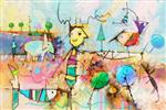 روغن فانتزی رنگارنگ نقاشی اکریلیک رنگ نیمه انتزاعی درخت ماهی فیل و پرنده در چشم انداز بهار پس زمینه طبیعت فصل تابستان نقاشی با دست سبک نقاشی کودکان