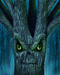 درخت خالی از سکنه با یک جنگل تاریک اسطوره ای و یک گیاه شیطانی به عنوان چهره جمجمه روح شیطان به عنوان یک مفهوم هالووین یا شبح مربوط به هیولا و موجودات خیالی از فرهنگ عامه شکل گرفته است