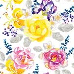 گلهای زرد و بنفش با برگهای خاکستری و عناصر گل روی زمینه سفید الگوی بدون درز آبرنگ با گل های تابستانی گل سرخ عنبیه و نیلوفرهای
