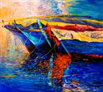 نقاشی روغن اصلی قایق ها و دریا بر روی بوم غروب خورشید بر فراز اقیانوس امپرسیونیسم مدرن
