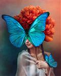 پرتره سورئال زنی با پروانه ها و گل صد تومانی عکس هنری داخلی به سبک آرت دکو تصویر هنری سورئالیستی زیبا با رنگ آبی نارنجی سبز رسانه های ترکیبی