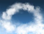 ابرهای طاق گرد در پس زمینه آسمان آبی وکتور دود کرکی قاب دایره ابر یا حلقه ابری گرد از مه سفید یا دود در روز آفتابی روشن با حلقه بخار هوای شفاف شفاف