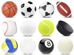 مجموعه ای از توپ های ورزشی فوتبال بسکتبال راگبی تنیس والیبال هاکی بیس بال بیلیارد گلف پوک تصویر سه بعدی