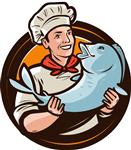 آشپزی شاد با ماهی غذاهای دریایی لوگو یا برچسب غذا تصویر وکتور کارتونی