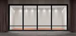 تصویر وکتور از ویترین فروشگاه ویترین شیشه ای نورانی برای ارائه ها و نمایشگاه های موزه ویترین مغازه بزرگ با پرده بوتیک خالی مد یا نمایشگاه با چراغ های داخل