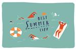 پوستر یا کارت سفر ساحلی تابستانی با شخصیت های بامزه در حال شنا غواصی و تفریح در دریا