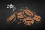 وکتور طرح کشیده شده با گچ از انبوه دانه های قهوه در پس زمینه تخته سیاه