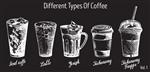 انواع مختلف قهوه وکتور تصویر کشیده شده با دست قهوه یخی لاته ایرلندی نوشیدنی های قهوه فراپه با حروف دستی برای منو بنر پوستر