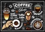 طرح پوستر کافی شاپ دستی با نوشیدنی های رنگارنگ جدا شده روی تخته سیاه اسپرسو کاپوچینو قهوه لاته قهوه سرد آمریکایی نوشیدنی دانه های قهوه منوی کافه تصویر وکتور