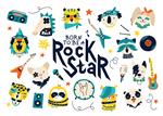 به دنیا آمد تا یک ستاره راک باشد مجموعه وکتور با شخصیت های حیوانات راک و تصاویر آلات موسیقی برای بچه ها کارتون های طراحی شده با دست به سبک ابله خنده دار برای چاپ روی لباس نوزاد پوستر