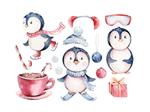 تصویر شخصیت پنگوئن کریسمس مبارک آبرنگ کارت طراحی حیوانات بامزه بامزه ایزوله کارتون زمستانی پنگوئن های کریسمس تعطیلات برفی