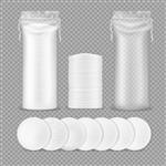 ماکت واقعی پد پنبه ای با اسفنج های گرد پاک کننده آرایش جدا شده و کیسه های پلاستیکی شفاف دیسک های سه بعدی پنبه ای با بافت های مختلف برای لوازم آرایشی دارویی و بهداشتی