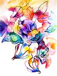 پروانه های زیبا روی گل های رنگارنگ که در نور می ترکند آبرنگ روی کاغذ بافت دار با گرافیک عناصری برای ایجاد الگوهای طراحی زیور آلات پس زمینه کاغذ دیواری منسوجات